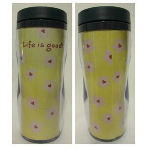 Life is Good Hard Plastic Coffee Tumbler Cup Yellow Pink Heart Flowers Travel
